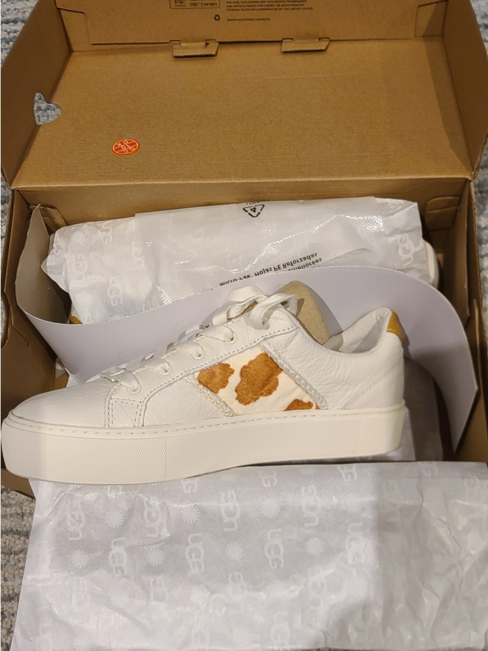 UGG White Leather Sneakers with Tan Cowhide Panels - Picture 6 of 6